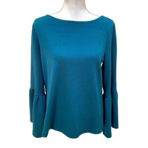 Ann Taylor teal crew neck textured bell sleeve stretchy top size large petite